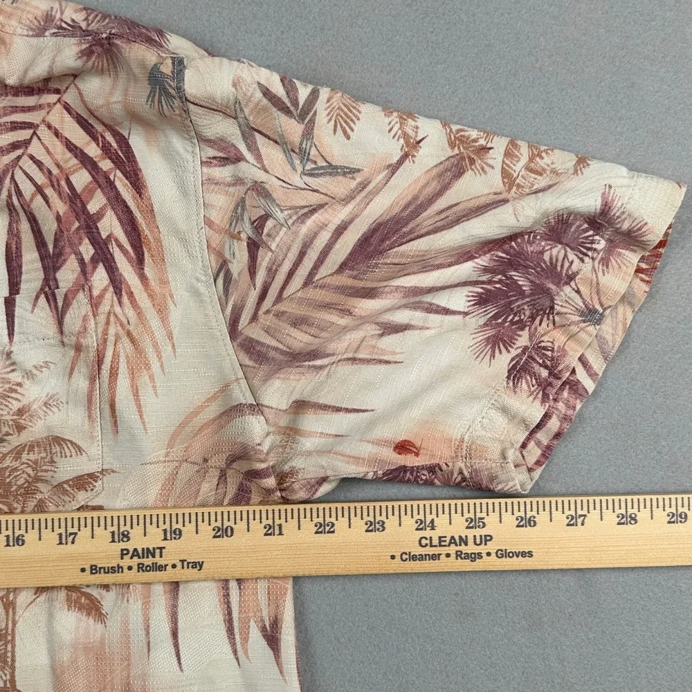 Tommy Bahama Silk Shirt Mens Medium Tan Palm Print Tropical Camp Aloha Button Up
